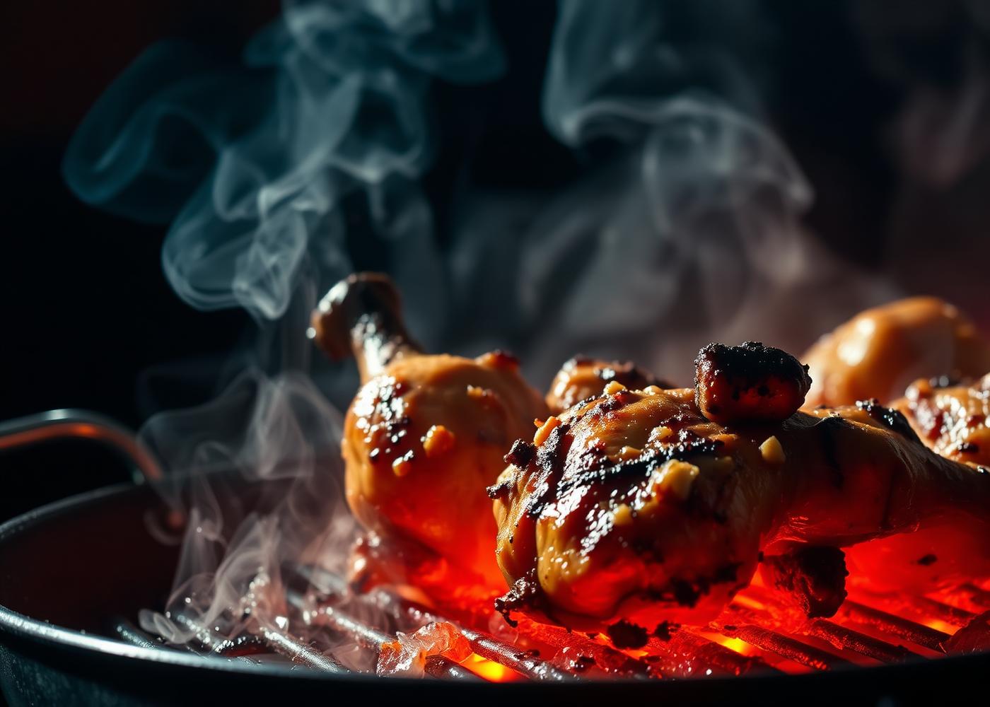 Jerk chicken sizzling on the pan